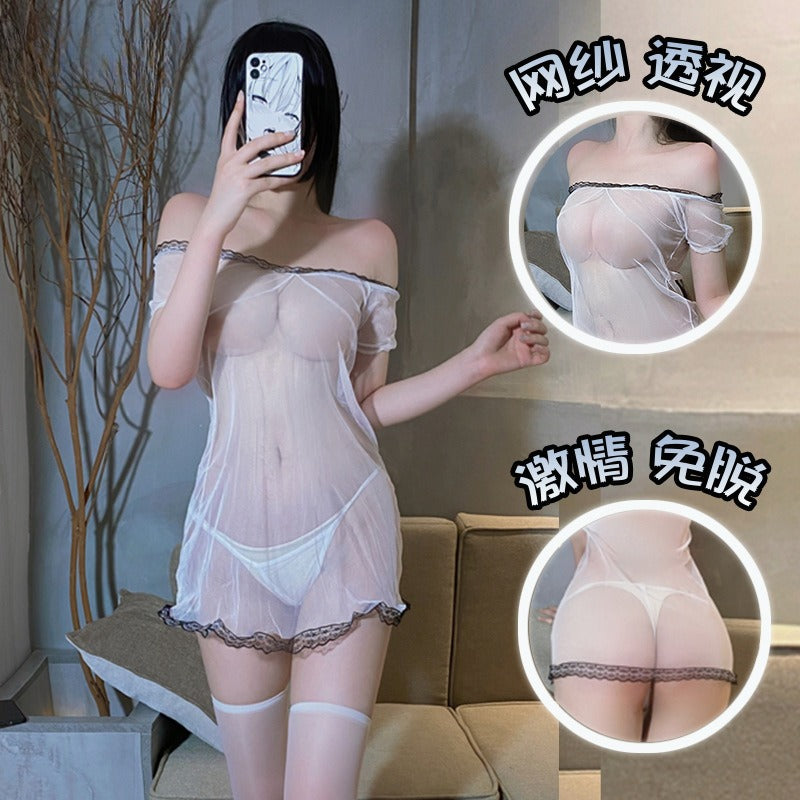 Image of Sexual Affection Lingerie Mesh Pajamas See-Through Set Extreme Temptation Open Gear Free Couple Adult Home Pajamas